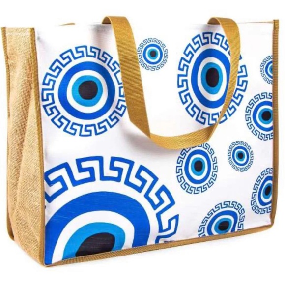 Greek Key 🧿 Canvas Tote Beach Bag - Picture 1 of 8